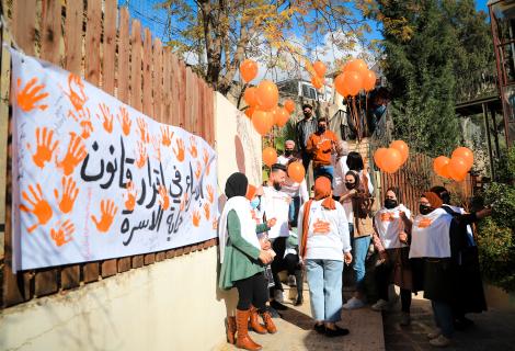 Photo of Members of active youth groups while they were releasing orange balloons during 16 days campaign of Activism against Gender based violence (GBV) in Ramallah-West Bank -Palestine -Copy Rights for ActionAid Palestine 2020