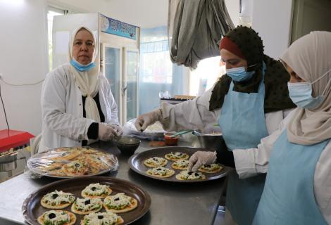 Photo of working women in Al-Zahra’ Kitchen within “Valiance “Basala”-Empowering women in the old city of Hebron,H2,”-Hebron Governorate -South of West Bank-copy rights for ActionAid Palestine 2021)