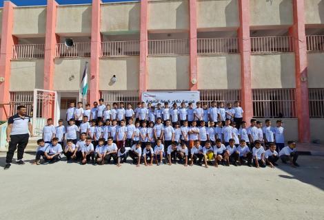 Photo of children of Karameh school while they were getting ready to participate in marathon that was organized by ActionAid Palestine in partnership with the directorate of education in the south of Hebron Governorate -Hebron -West Bank -Palestine -Copy Rights to ActionAid Palestine 2021