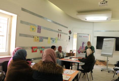 Photo of young women while they were receiving training on  safe and decent work environment and women ‘s rights for young women in Bethlehem as a  part of “Challenge the Negative Practices against Women in Work Environment” within “Start Your Business” project .  Bethlehem-West Bank -Copy Rights for ActionAid Palestine 2022 