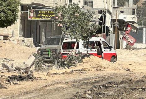 mbulances in a bulldozed urban area of the northern West Bank. Photo by the Palestine Red Crescent Society, 28 August 2024