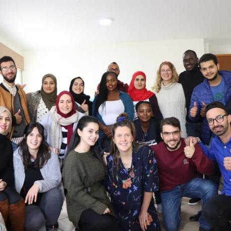 a group of foreign and Palestinian trainers during TOT in Bethlehem organized  by Global Platform-Palestine under supervision of ActionAid Palestine  