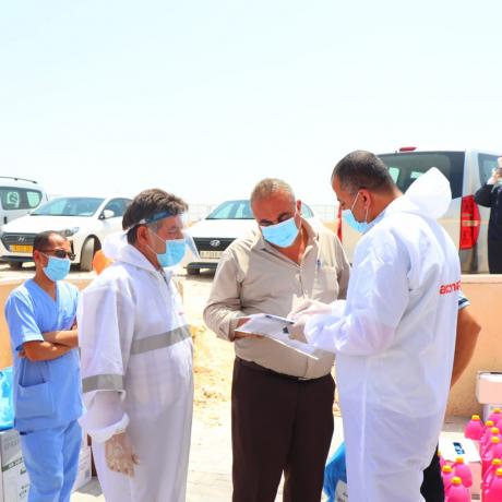 Photo of delivery of hygiene and health parcels provided by ActionAid Palestine to Dora government hospital which is the specialist hospital in providing health care to patients with COVID-19 in Hebron Governorate in the south of West Bank to support health care workers 