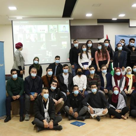 Photo of all participants who participated in the first Conference for Youth National Unitary Activism “Lejan” that was organized by ActionAid Palestine that included participants from Gaza,West Bank and Lebanon using zoom -Ramallah-West Bank- Palestine- Copy Rights for ActionAid Palestine 2021.     