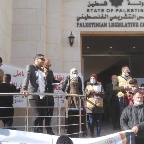 Photo of Hamad Samamreh while he was protesting inside the building of the Palestinian Legislative council in Ramallah last year to claim the right  to comprehensive health insurance for People with Disabilities -Ramallah -Occupied West Bank-Palestine -copy Rights for ActionAid Palestine 