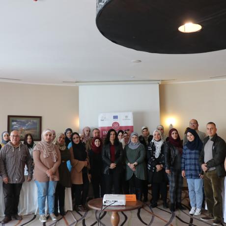 Photo of the participants -Employees of public sector in training on promoting women engagement in labor market as part of INTERNISA” project which is a network of synergies to increase the number of digitally skilled women employed in the Middle East territories via matching demand and supply in the labour market. Ramallah-West Bank-Palestine-Copy Rights for ActionAid Palestine 2022  