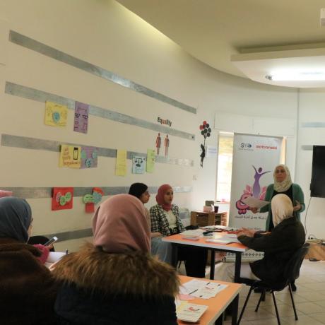 Photo of young women while they were receiving training on  safe and decent work environment and women ‘s rights for young women in Bethlehem as a  part of “Challenge the Negative Practices against Women in Work Environment” within “Start Your Business” project .  Bethlehem-West Bank -Copy Rights for ActionAid Palestine 2022 