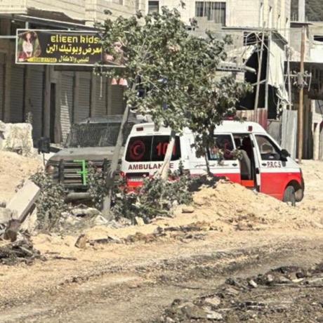 mbulances in a bulldozed urban area of the northern West Bank. Photo by the Palestine Red Crescent Society, 28 August 2024