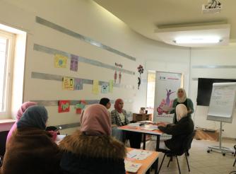 Photo of young women while they were receiving training on  safe and decent work environment and women ‘s rights for young women in Bethlehem as a  part of “Challenge the Negative Practices against Women in Work Environment” within “Start Your Business” project .  Bethlehem-West Bank -Copy Rights for ActionAid Palestine 2022 